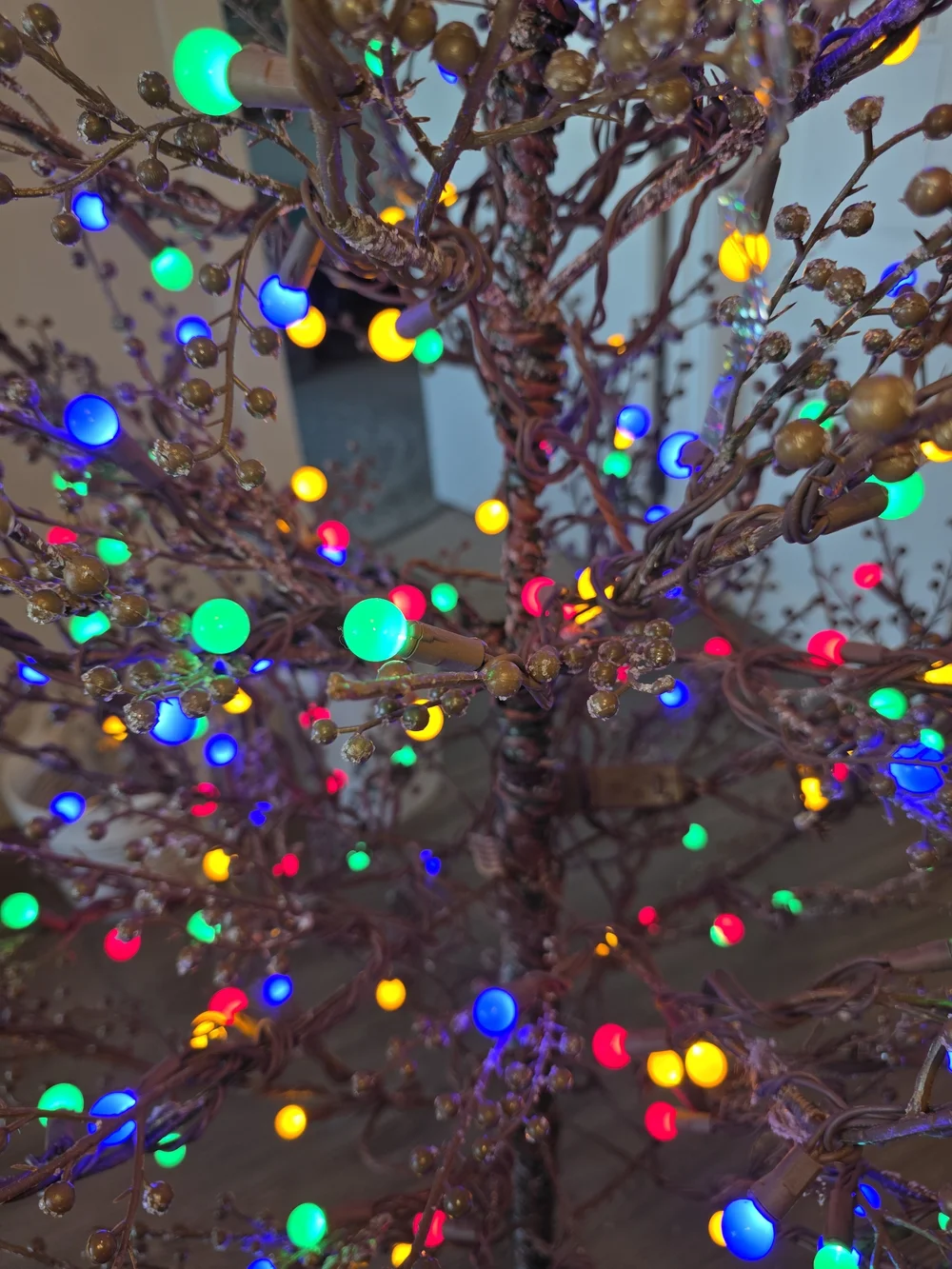 GE Ft Pre-lit artificial twig Christmas tree multicolored LED gumball lights